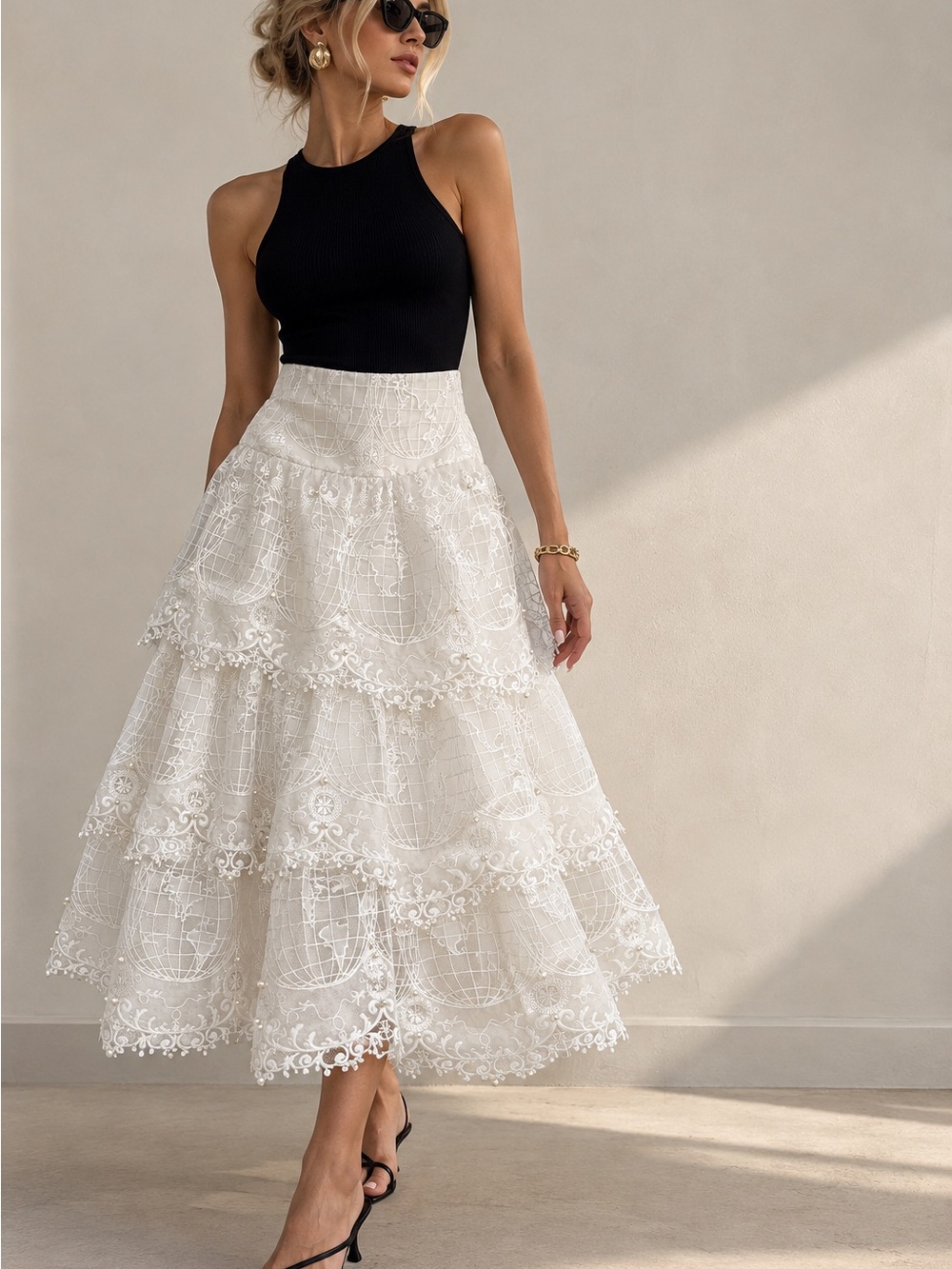 Zimmermann High Tide Tiered Globe Lace Pearl Embellished Maxi Skirt Ivory NWT